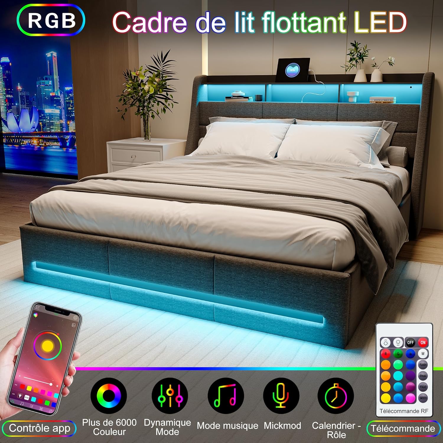 LIVLUX Lit Coffre 140x190 avec sommier LED et USB,Lit Double rembourré avec Rangement hydraulique,lit 2 Personnes pour Adultes et Adolescents,Lin Gris Clair, 140 x 190 cm