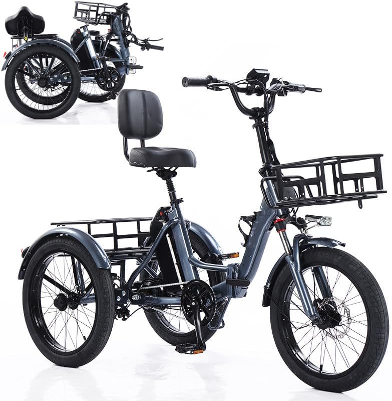 Vélo Cargo électrique 3 Roues 20 Pouces pour Adultes | 5 Vitesses | Panier De Rangement | Pneus Larges | Pliable | Facile à Monter | Charge Maximale : 200 kg Grey