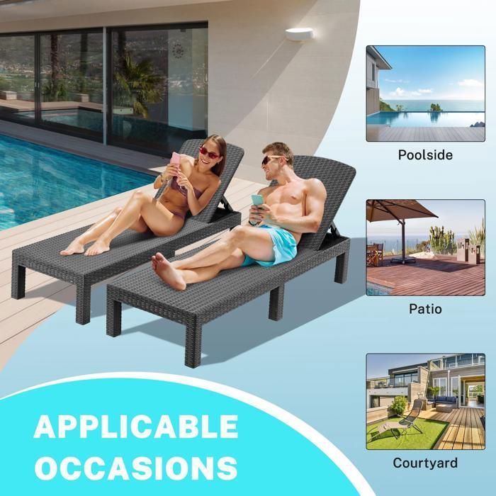 Bain de soleil -Chaise longue de jardin avec coussin gris, inclinable multi-positions,, pour piscine, terrasse et extérieur