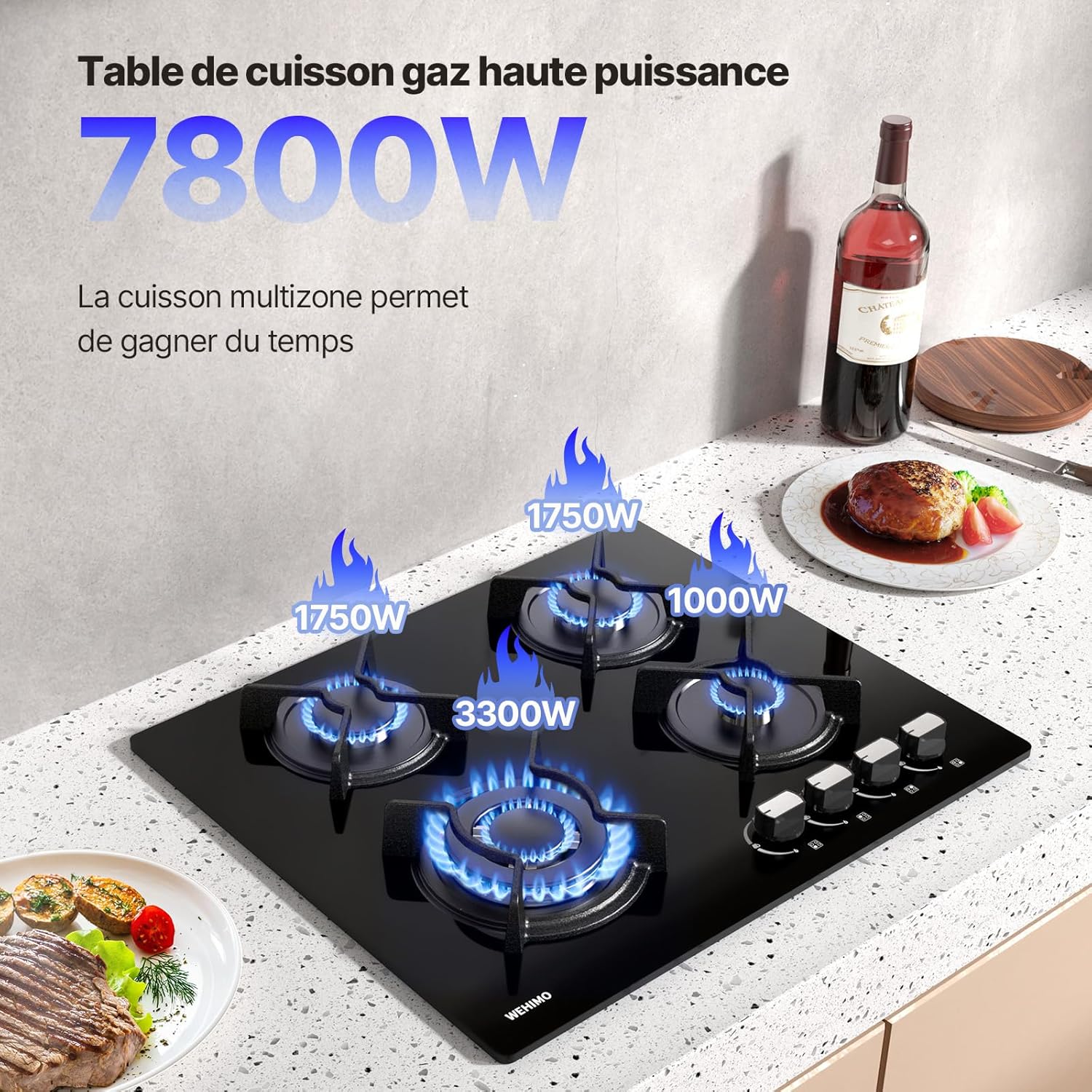 Plaque de Cuisson Gaz 4 Feuxs, Plaque Gaz 4 Feuxs Encastrable, Table de Cuisson 60cm, Grille Fonte, 7800W, Gazs Ville et Bouteille, Verre Noir