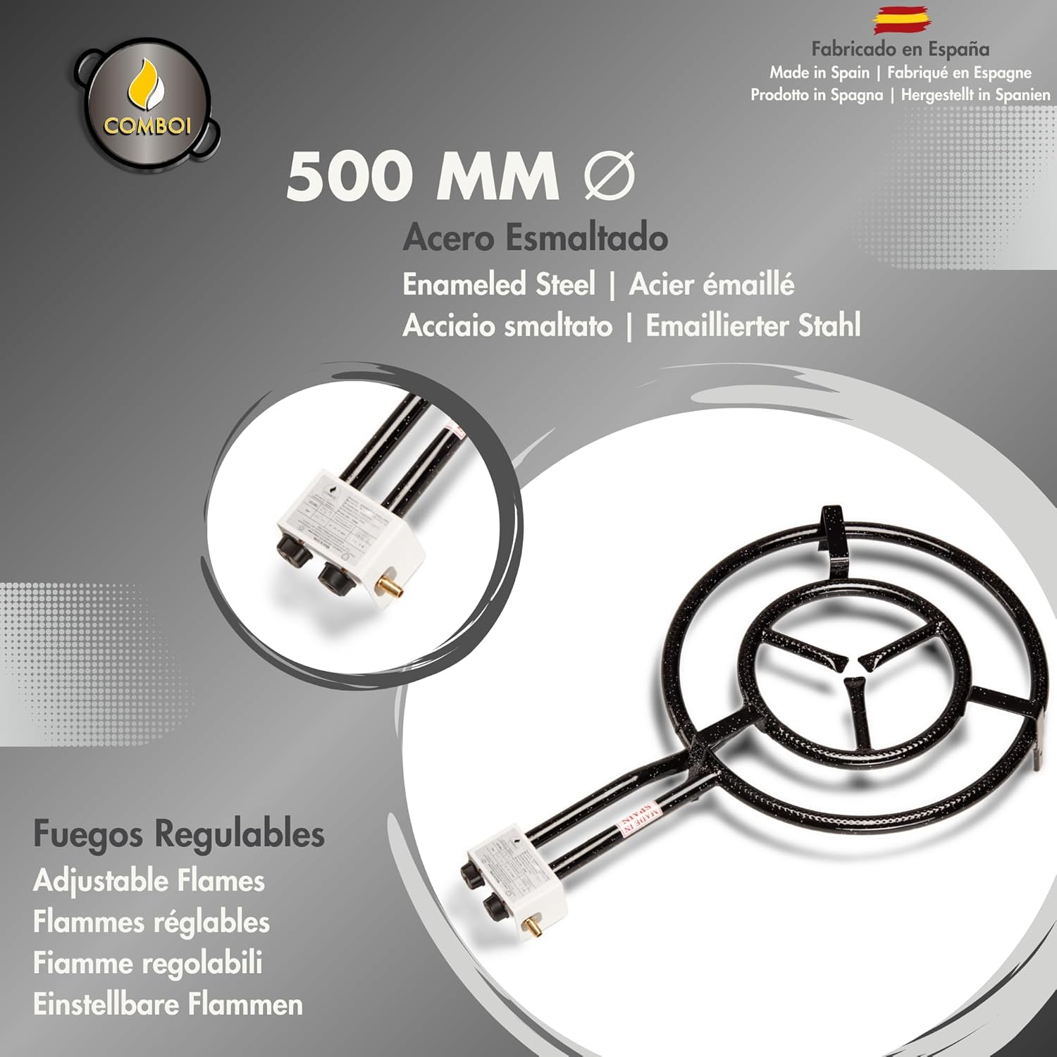COMBOI - Kit paella, Brûleur à Gaz Butane de 50 cm, Poêles à paella de 60 cm et 42 cm, Régulateur de Gaz, Tuyau, Trépied Renforcé, Tablier et Recettes.
