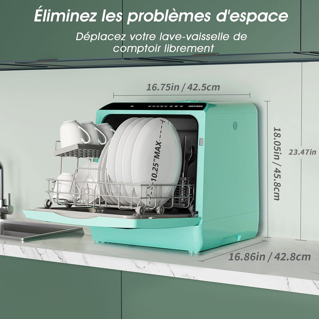 AIRMSEN Mini Lave-Vaisselle de Comptoir, 5+1 Programmes, Réservoir d'Eau de 5L, Contrôle Tactile et Écran LED, Adapté pour les Cuisines Familiales, Appartements et Dortoirs, Vert