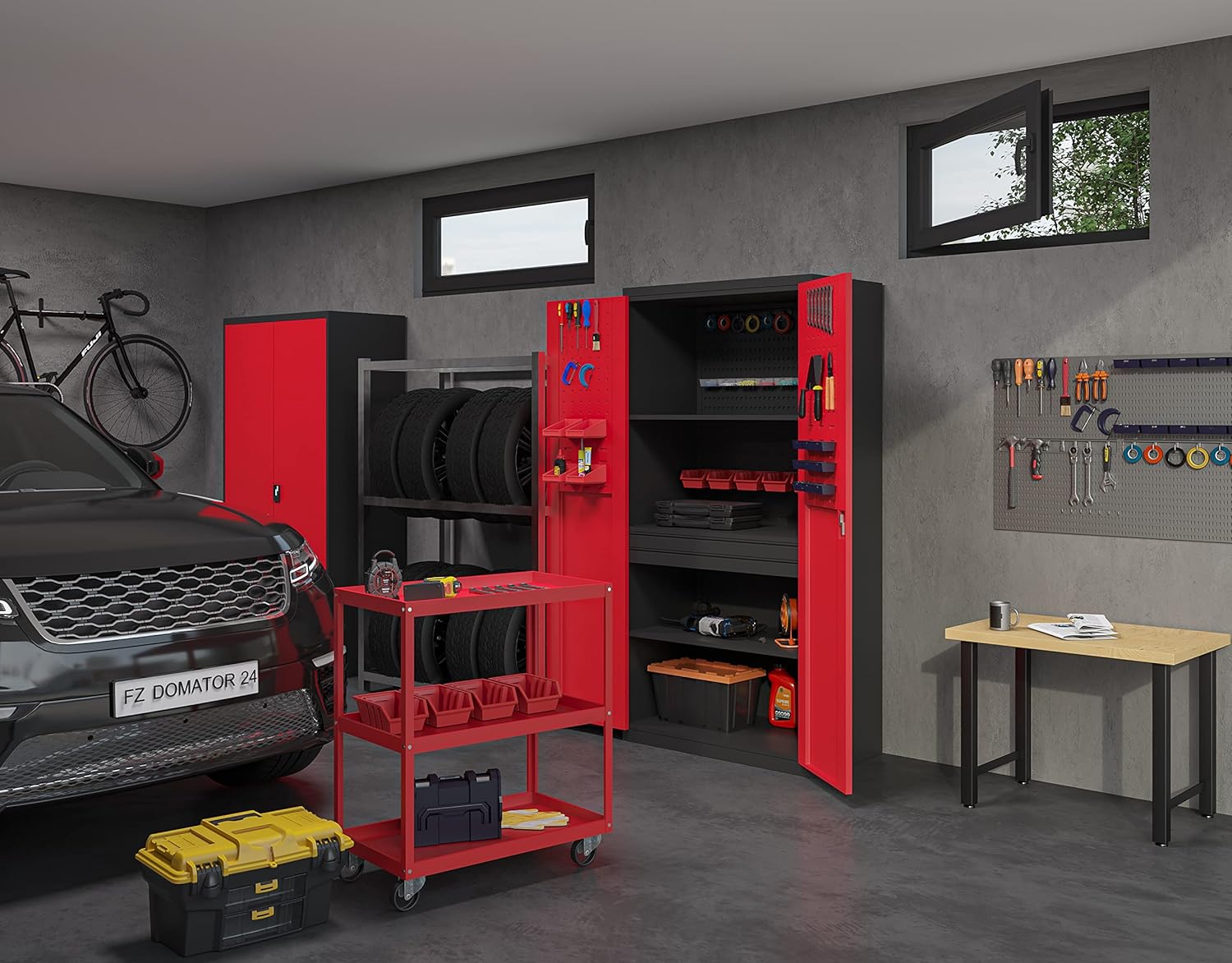 Jan Nowak Armoire à Outils TC02AM Armoire Meuble d'atelier avec 2 Tiroirs Portes battantes 3 étagères Peinture en Poudre 185 cm x 92 cm x 50 cm Anthracite-Rouge