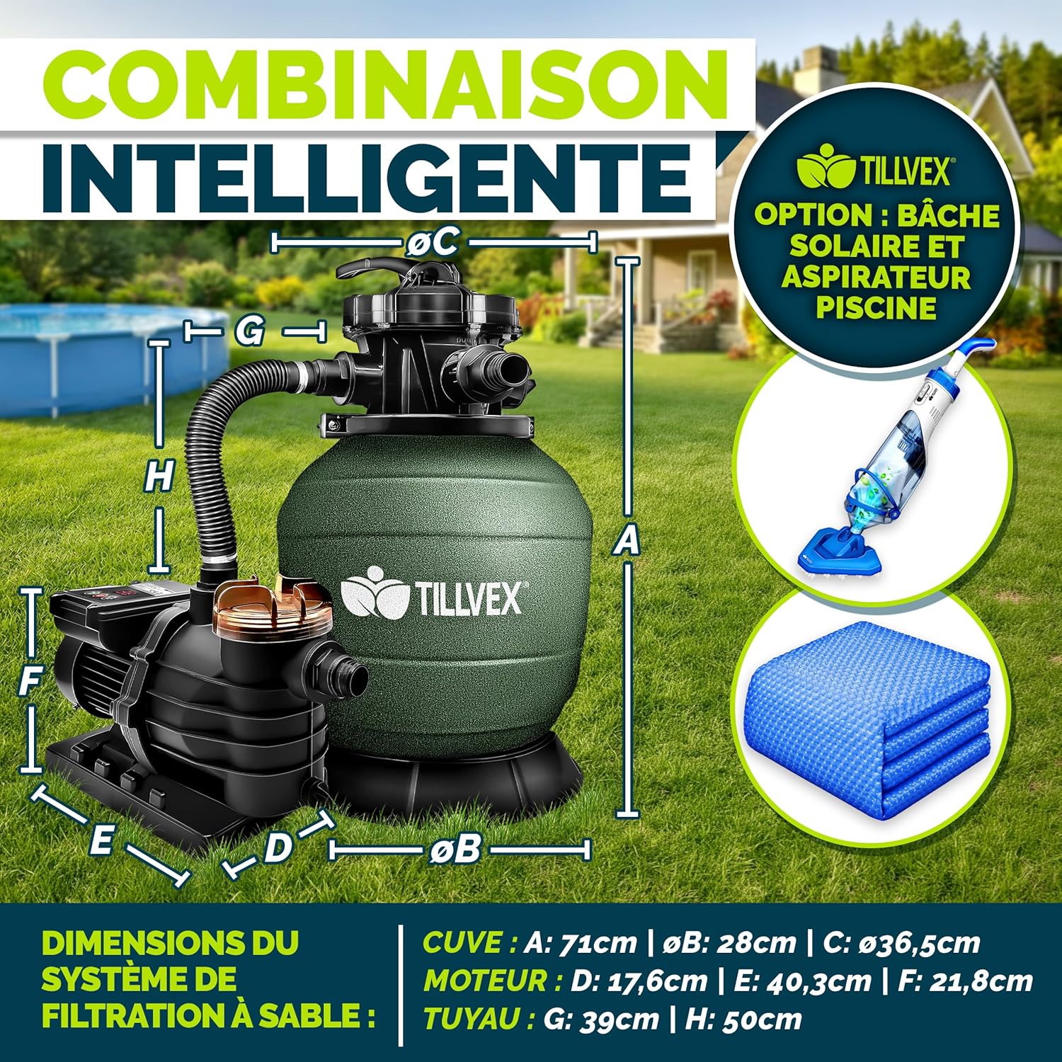 tillvex® Système de Filtre à Sable 13 200L/h jusqu'à 40 000L + 1200g Boules Filtre | 7 Fonctions & Adaptateur 2en1 Ø32-38mm | Filtre piscine & indicateur de pression (Vert, Avec minuterie)