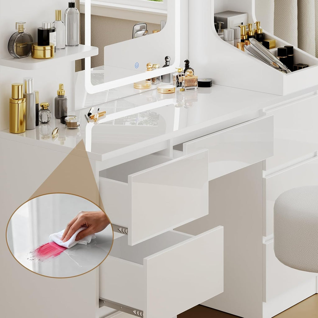 TRIUMPHKEY Coiffeuse Moderne Blanc Haute Brillance, Miroir LED à Lumière Réglable, Grand Espace de Rangement,Table de Maquillage avec 7 Tiroirs, 3 Compartiments, 4 Étagères Ouvertes