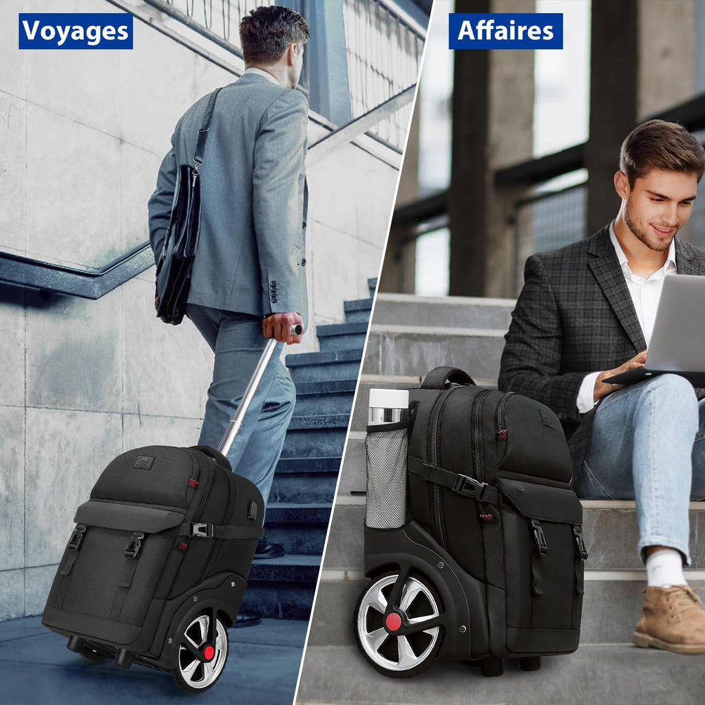 MATEIN Sac Dos Roulettes 17 Pouces avec 2 Roues, Grande Capacité avec Cadenas à Combinaison, 2 en 1 Trolley Résistant et Anti-vol, Hommes Adulte Cartable Voyage d'Affaires, Noir