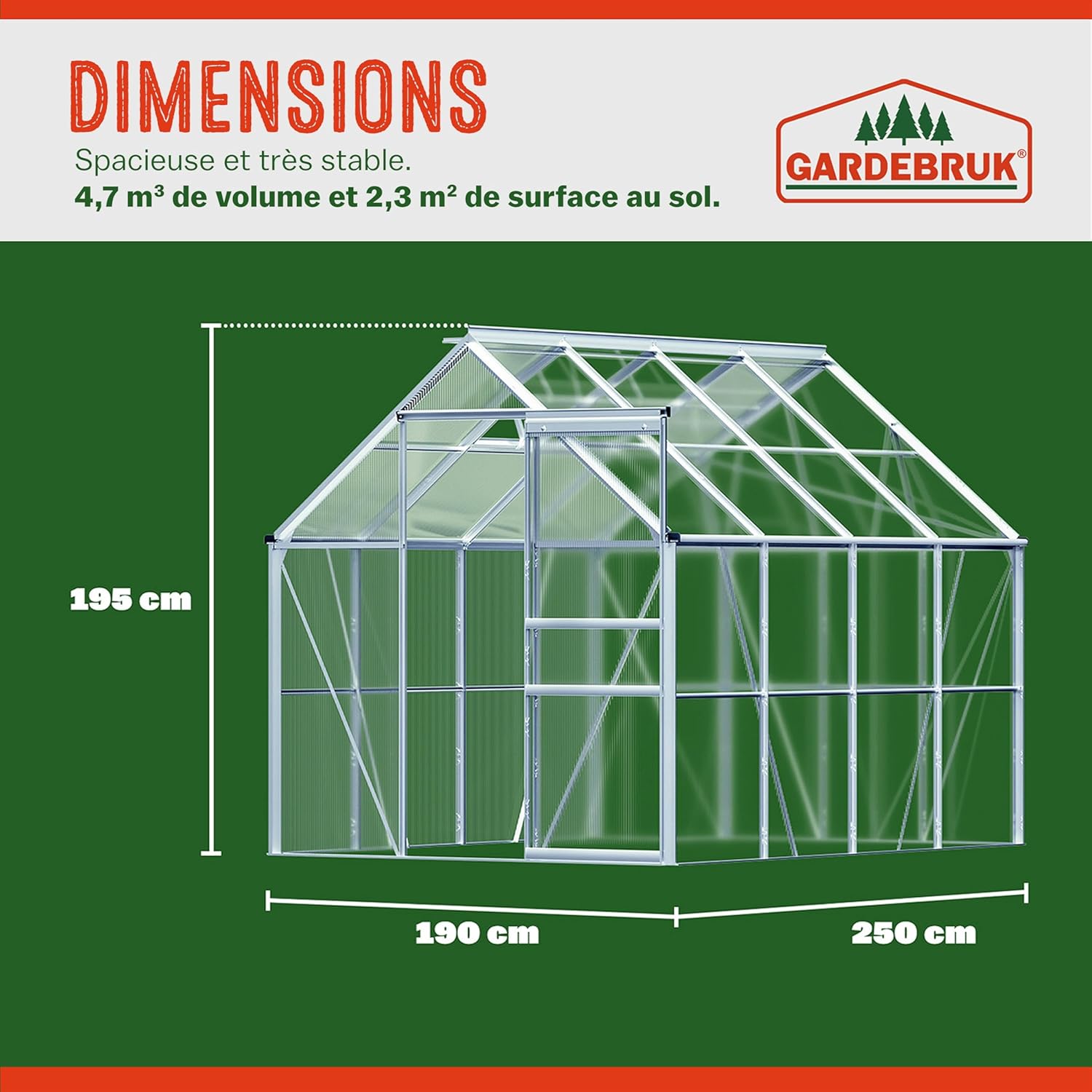 Gardebruk Serre de Jardin en Aluminium 7,63m&sup3; abri ext&eacute;rieur pour Plantes l&eacute;gumes 250x190x195cm avec fen&ecirc;tres