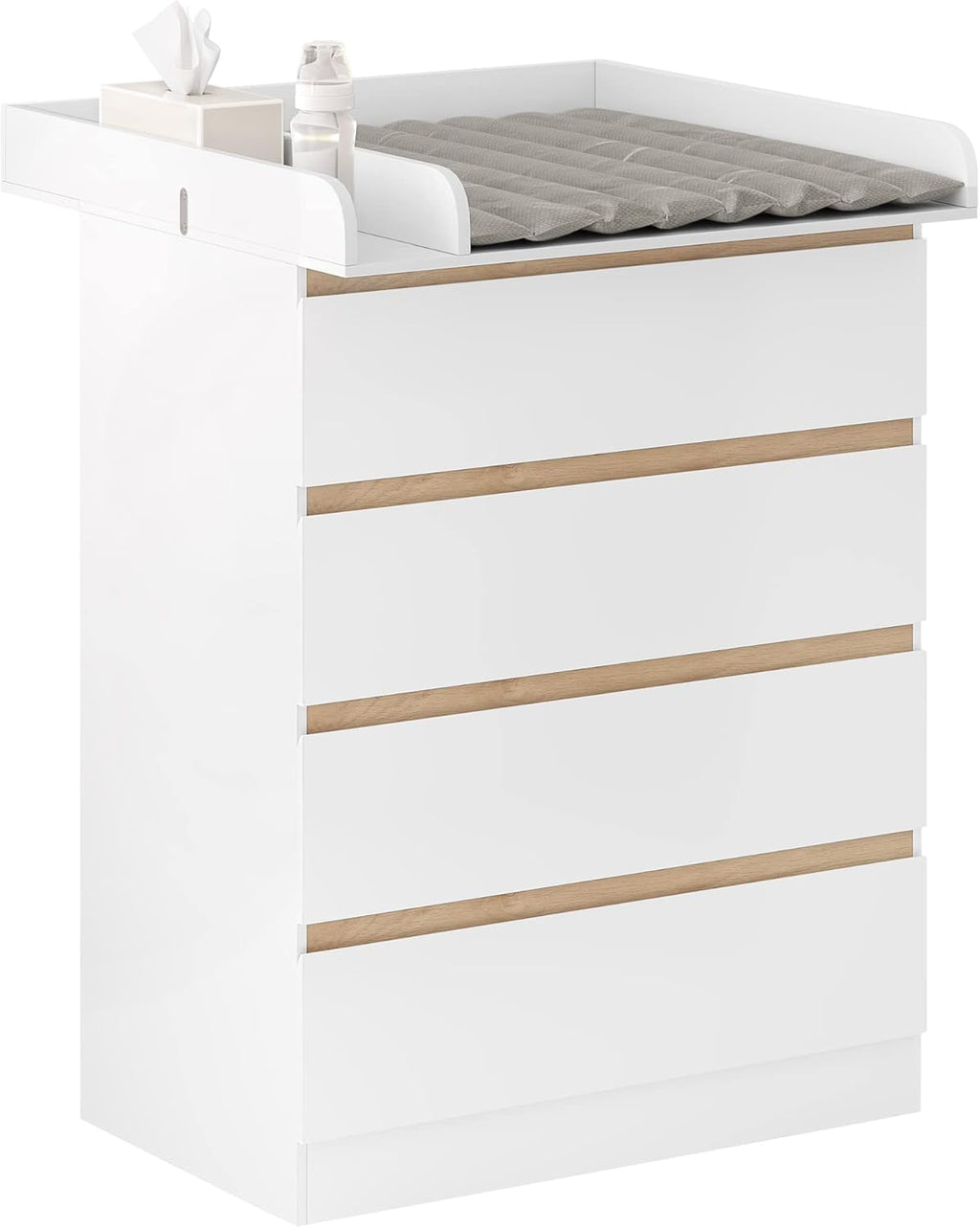 WOLTU Table à Langer + Commode avec 4 Tiroirs, Ensemble Meuble à langer pour Bébé, en Bois d’Ingénierie, Blanc + Chêne Clair, 80x75x109,2cm