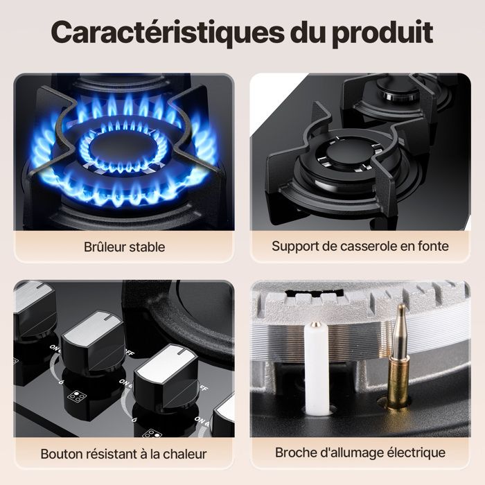 Plaque gaz WEHIMO 2 feux encastrable verre trempé