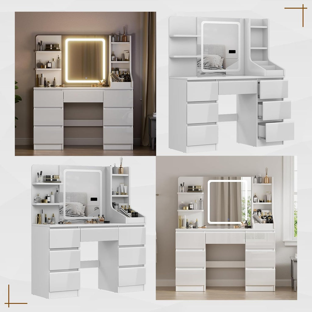 TRIUMPHKEY Coiffeuse Moderne Blanc Haute Brillance, Miroir LED à Lumière Réglable, Grand Espace de Rangement,Table de Maquillage avec 7 Tiroirs, 3 Compartiments, 4 Étagères Ouvertes