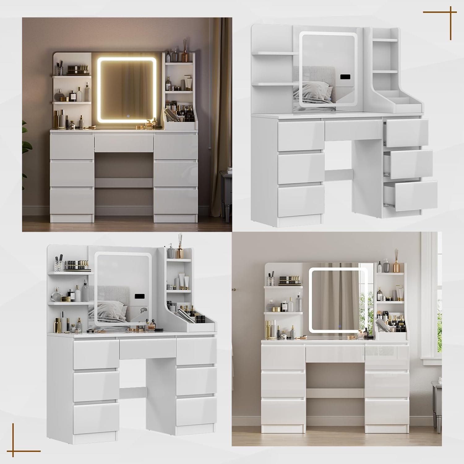 TRIUMPHKEY Coiffeuse Moderne Blanc Haute Brillance, Miroir LED à Lumière Réglable, Grand Espace de Rangement,Table de Maquillage avec 7 Tiroirs, 3 Compartiments, 4 Étagères Ouvertes