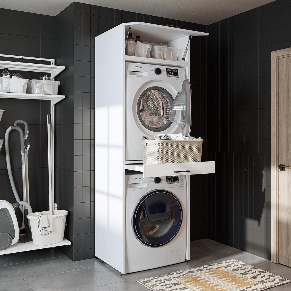 • Armoire de machine à laver pour sèche-linge et machine à laver • Avec planche coulissante • Blanc • Chêne noir • Armoire superposée (blanc, avec armoire pliante de 22 cm)