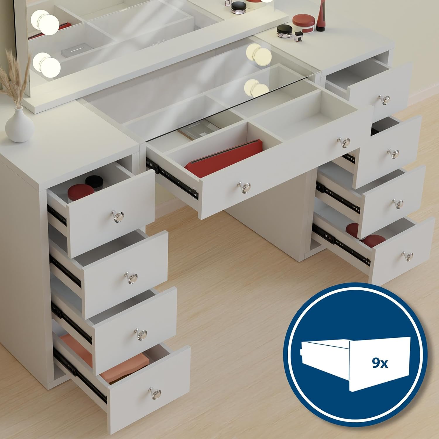 CLP Coiffeuse Tiline Miroir Hollywood Éclairage LED 9 Tiroirs Plateau Verre Prise USB Blanc
