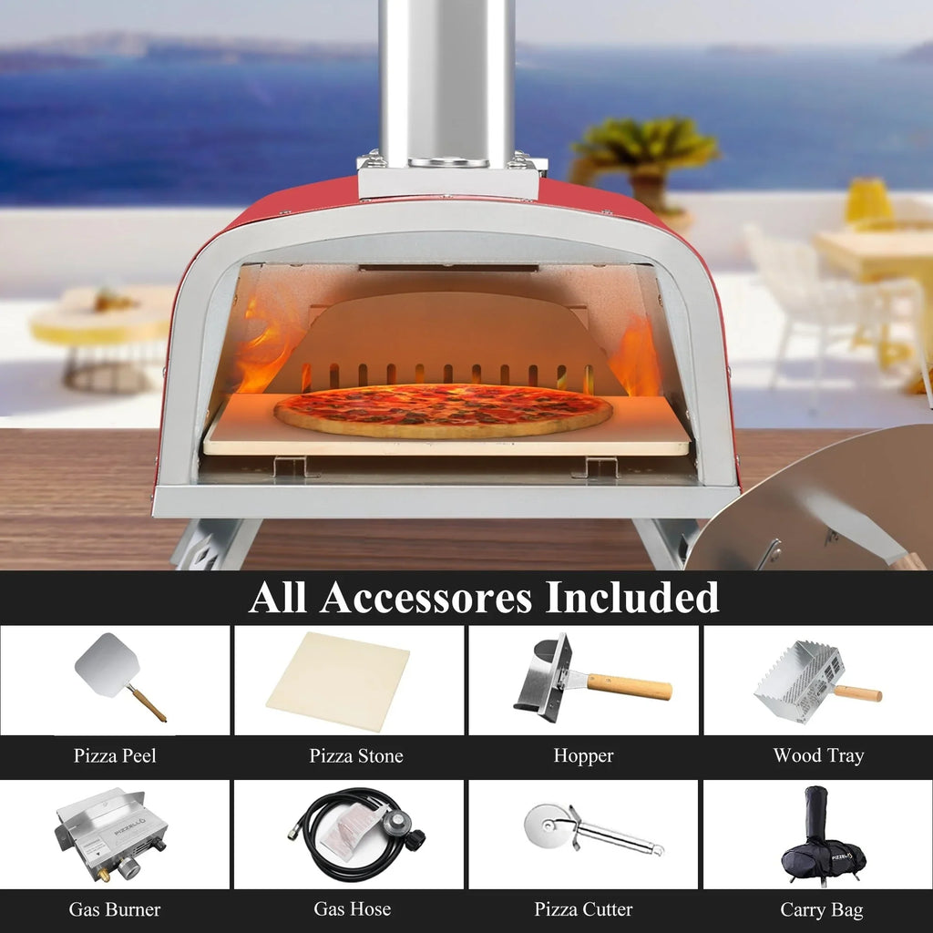 Four à Pizza Extérieur Multi-Combustibles avec Brûleur à Gaz et Boîte à Bois - 12 pouces
