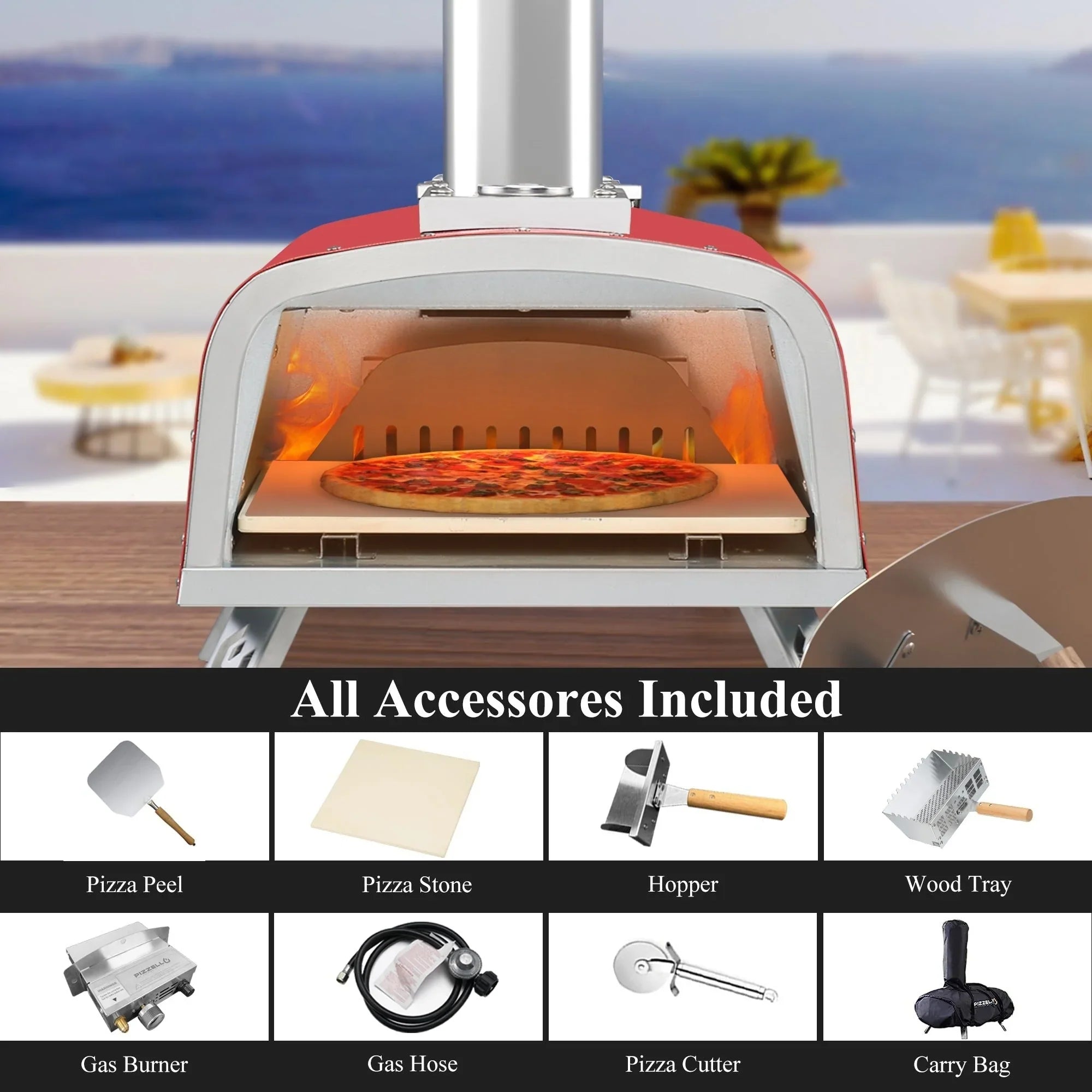Four à Pizza Extérieur Multi-Combustibles avec Brûleur à Gaz et Boîte à Bois - 12 pouces