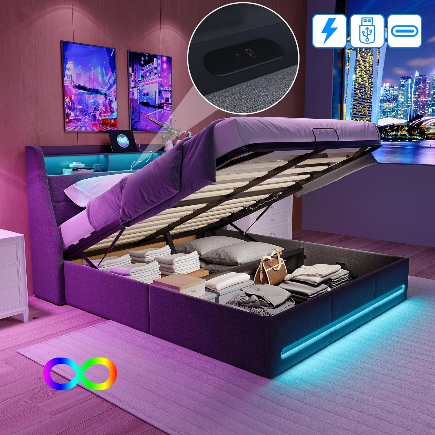 LIVLUX Lit Coffre 140x190 avec sommier LED et USB,Lit Double rembourré avec Rangement hydraulique,lit 2 Personnes pour Adultes et Adolescents,Lin Gris Clair, 140 x 190 cm