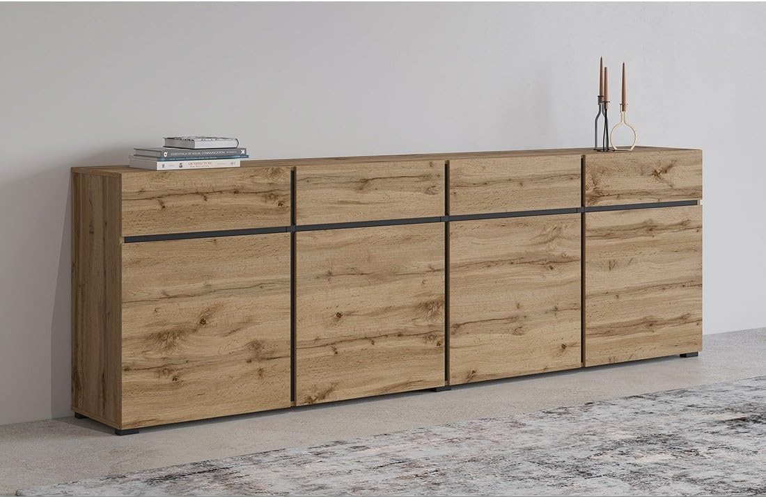 Buffet XL couleur chêne et noir 225 cm, collection Havana. Buffet moderne avec 4 portes et 4 tiroirs.