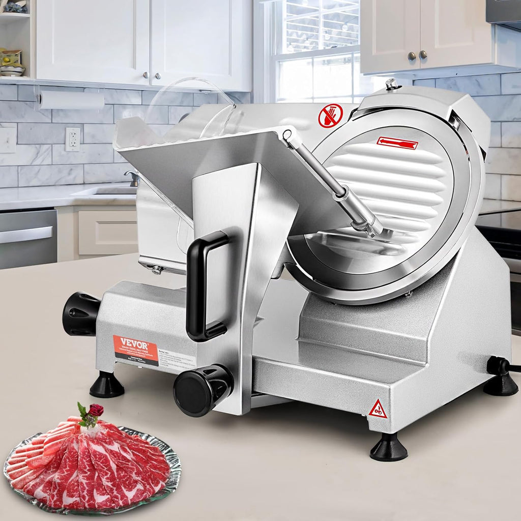 VEVOR Trancheuse Électrique Commerciale 200 W Trancheuse à Jambon Lame 203 mm 350-400 tr/min Trancheuse Charcuterie en Acier Inoxydable et Alu pour Couper en Tranches Viande Fromage Légumes Fruits