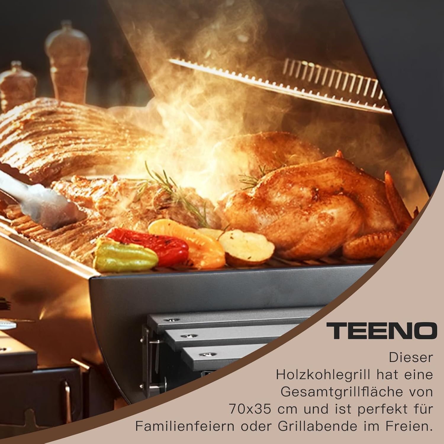 TEENO Barbecue Charbon de Bois,avec Grille de Cuisson XXL,Gants Anti-BrûLures, ThermomèTre,Tiroir à Cendres, éVent RéGlable,Grand Barbecue au Charbon de Bois (Basic)