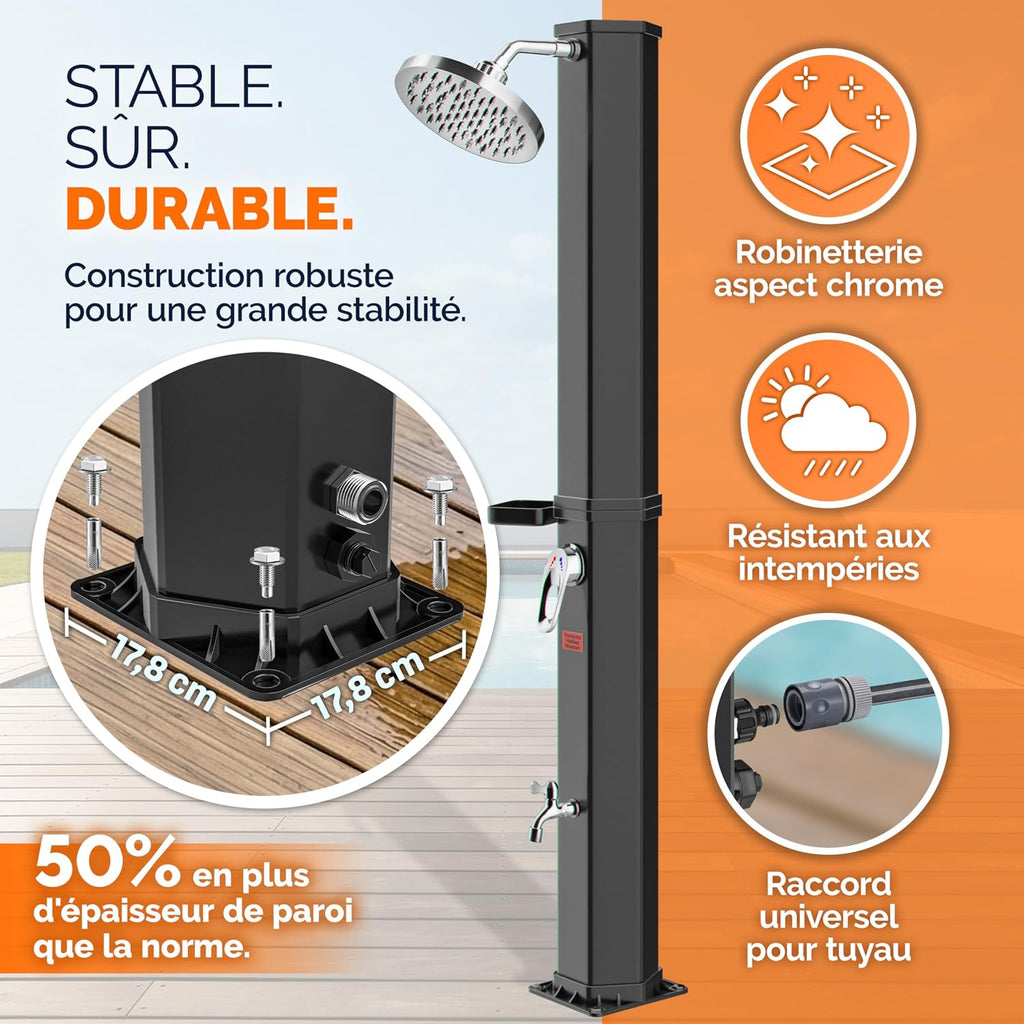 Casaria® Douche Solaire Jardin 35 L - 216 cm - Pommeau de Douche pivotant Ø15 cm - Douchette extérieur Eau Chaude - avec raccord Tuyau d'Arrosage & Housse de Protection - Piscine, Terrasse, Camping