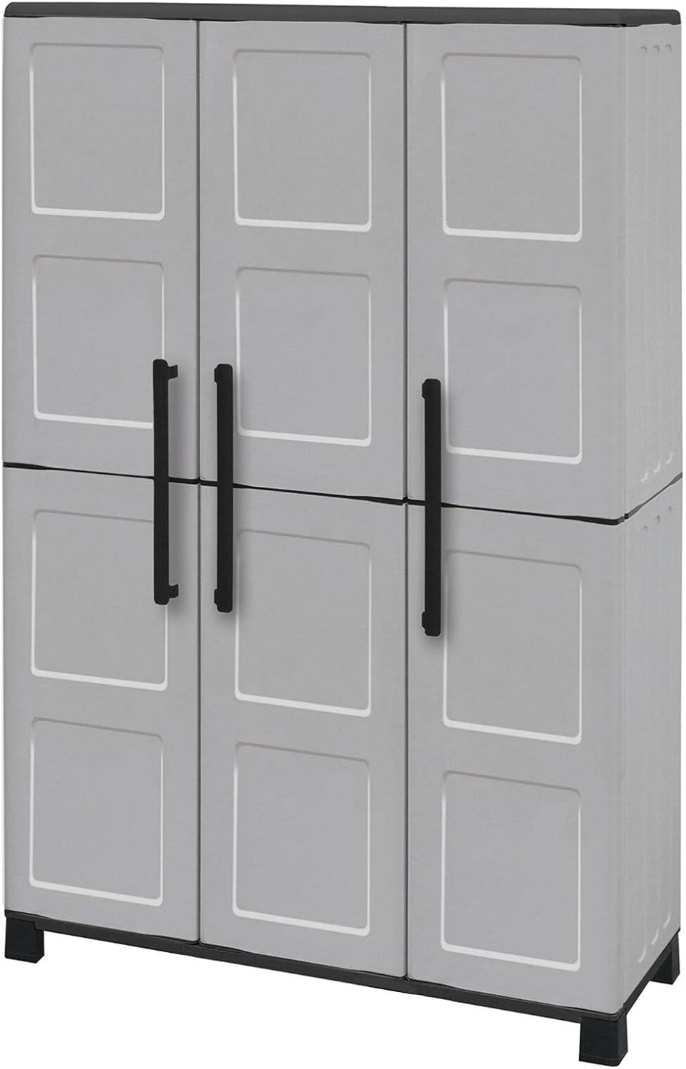 Dmora - Armoire d'extérieur Nandrin, Armoire à balais, Armoire d'extérieur 3 portes, 100% Made in Italy, 102x37h169 cm, Gris clair et noir, Finition damier