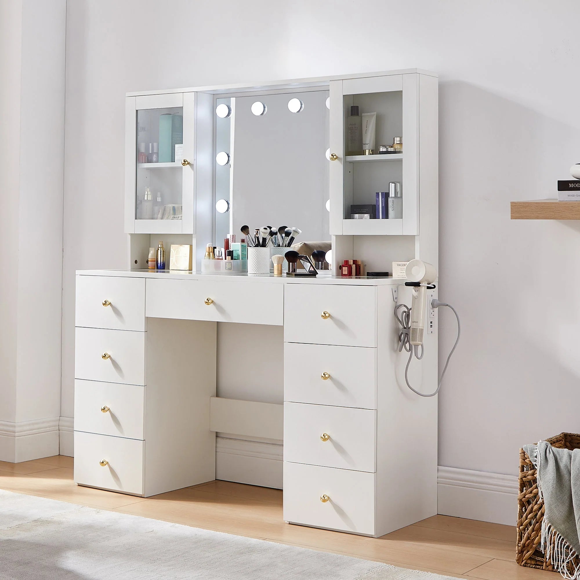 Coiffeuse verre 47 pouces miroir lumières rangement prise