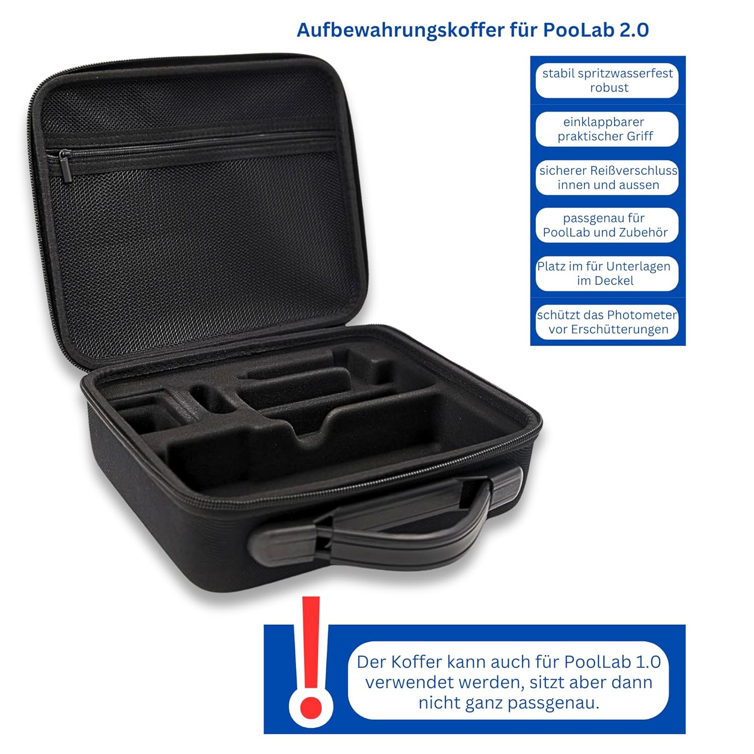 PoolLab 2.0 avec 70 pastilles de test et sac, édition spéciale pour MediMuc - 24 paramètres - App, logiciel - Mesure jusqu'à 3 paramètres dans un test + mallette de rangement vide