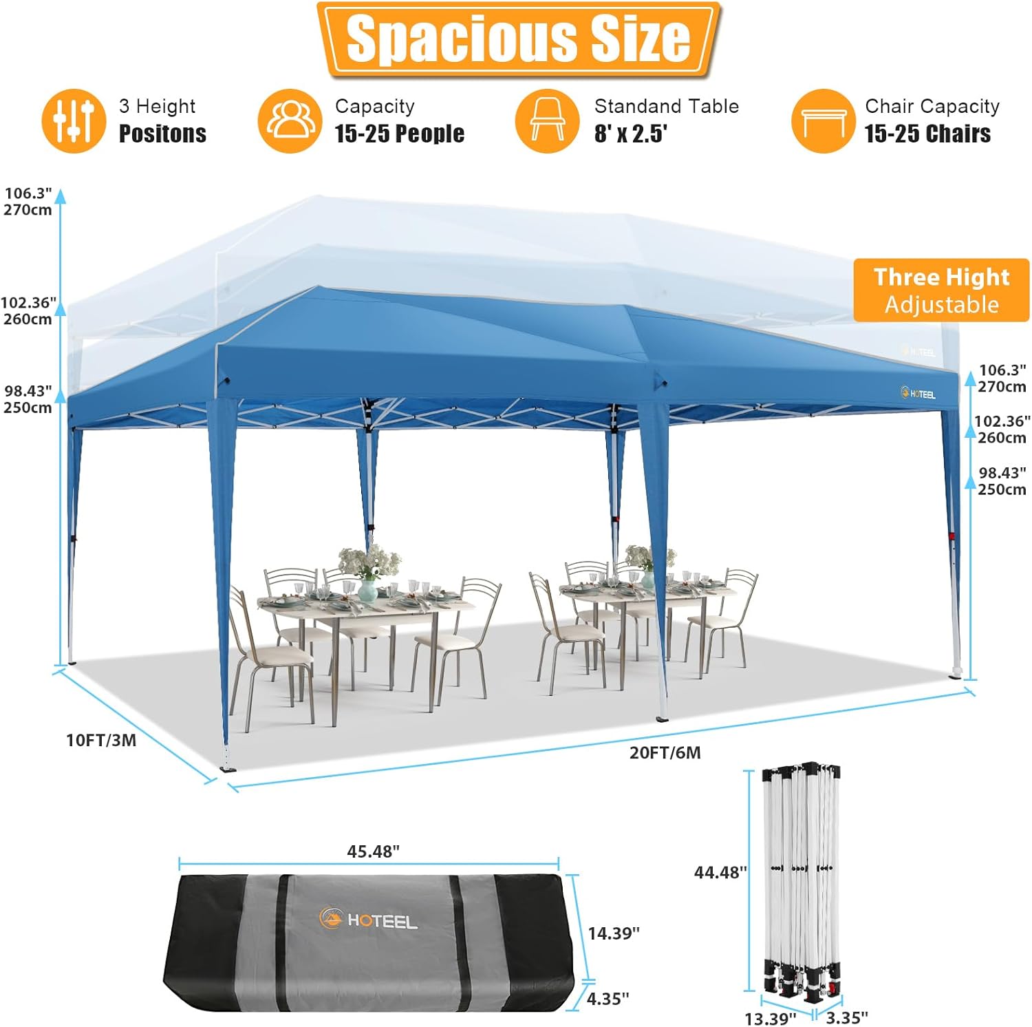 HOTEEL Tonnelle Pliante 3x6m étanche et Stable – avec 6 parois latérales, Construction en Une poussée, 8 Barres Pare-Vent – Tente de fête pour Mariage, Camping(Bleu)