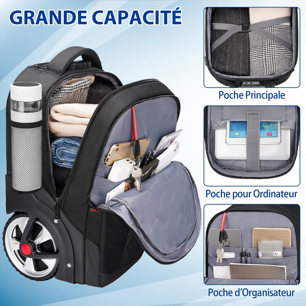 MATEIN Sac Dos Roulettes 17 Pouces avec 2 Roues, Grande Capacité avec Cadenas à Combinaison, 2 en 1 Trolley Résistant et Anti-vol, Hommes Adulte Cartable Voyage d'Affaires, Noir