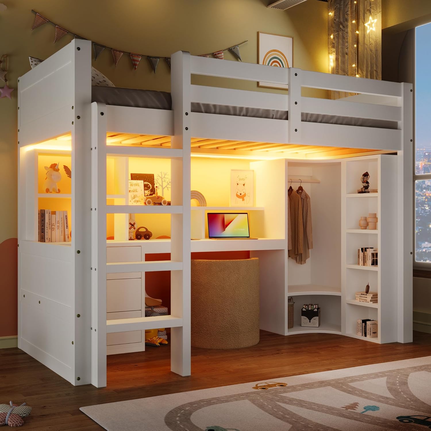 Lit Mezzanine 90x200 cm, Lit Superposé Enfant et Adulte avec Bureau, Lumières LED, Armoire, Échelle, 4 Tiroirs et Rangements, Blanc et Bois lit Mezzanine (90x200 cm)