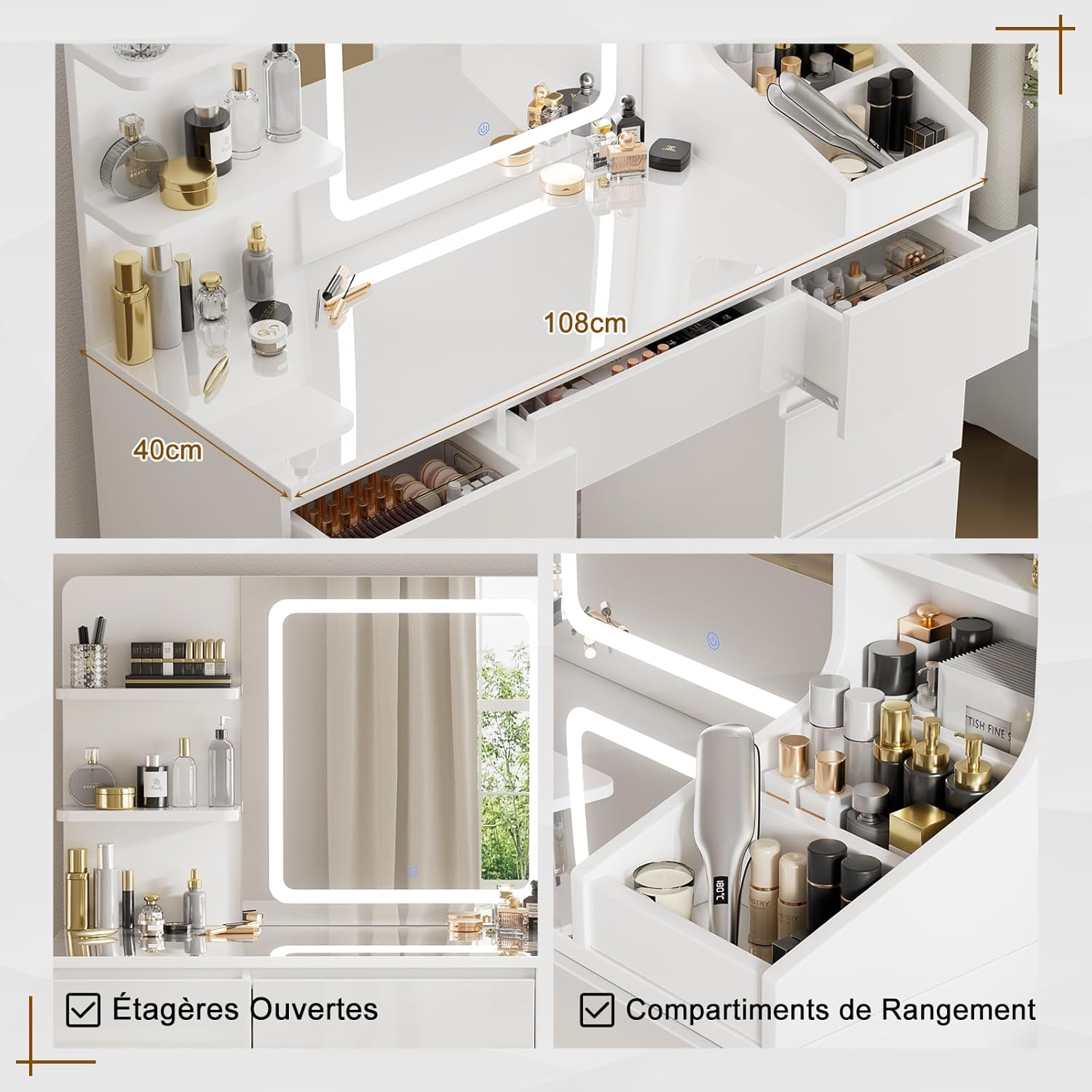 TRIUMPHKEY Coiffeuse Moderne Blanc Haute Brillance, Miroir LED à Lumière Réglable, Grand Espace de Rangement,Table de Maquillage avec 7 Tiroirs, 3 Compartiments, 4 Étagères Ouvertes