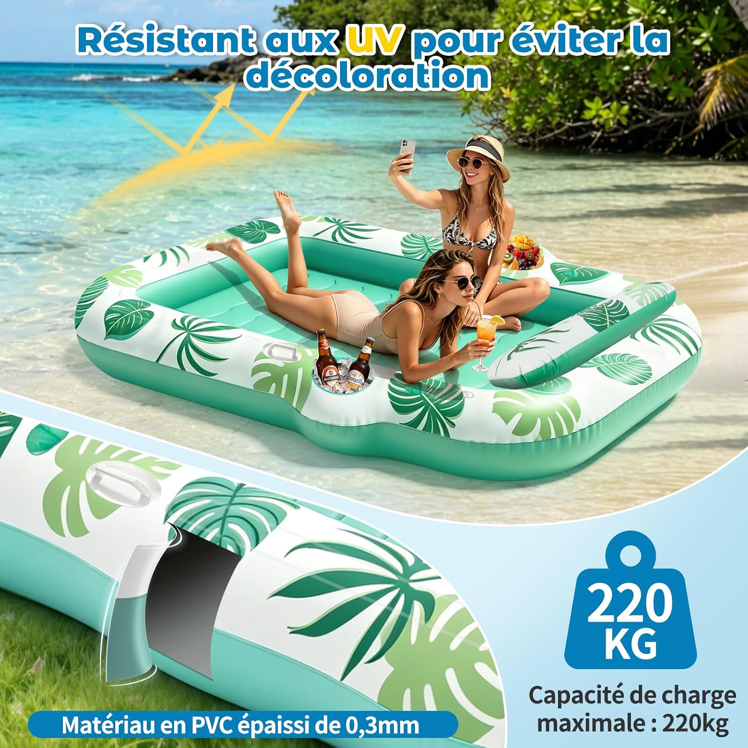JONRRYIN Matelas Gonflable Piscine 2 Personnes, Tanning Pool avec Fonction Brumisation & Porte-Gobelets, 225×190 cm Grande Île Flottante, Hamac Gonflable pour Piscine et Plage (Vert)
