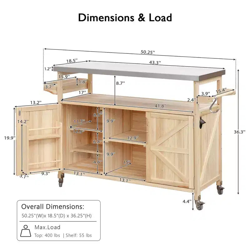Okak Outdoor Kitchen Island with Stainless Steel Top, Wooden Kitchen Cart with Doors, Shelves and Spice Rack, Rolling Kitchen Island