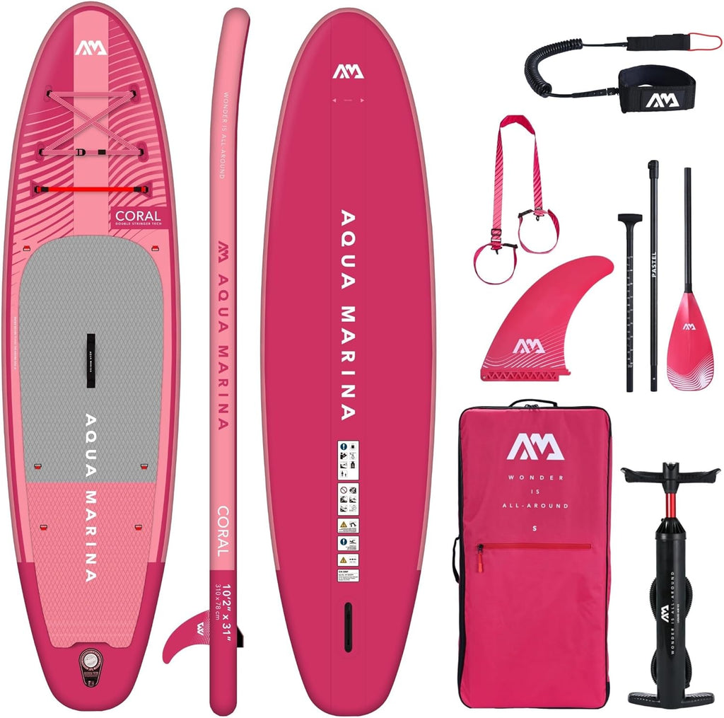 Aqua Marina Stand Up Paddle Coral 310 x 78 cm - Planche de SUP gonflable avec kit complet - Avec pagaie, pompe, sac à dos et aileron - Légère, stable et polyvalente