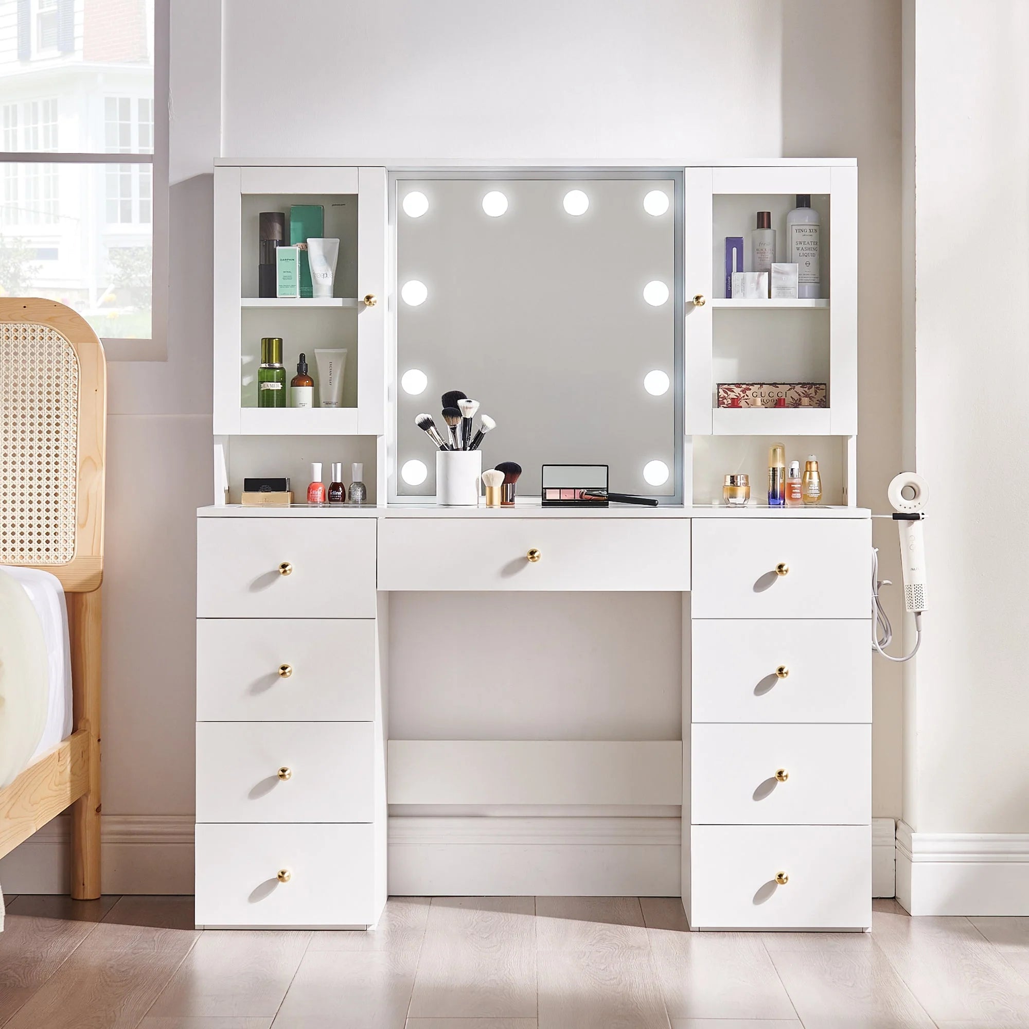 Coiffeuse verre 47 pouces miroir lumières rangement prise