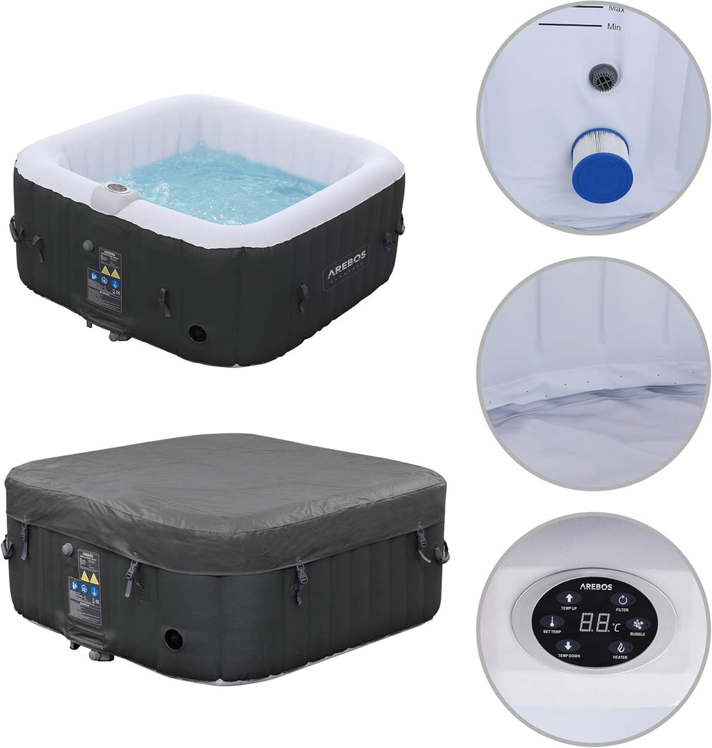 Arebos Spa Gonflable | pour l'intérieur et l'extérieur | 4 Personnes | 154x154cm | 100 Jets de Massage | Spa Bien-être Chauffage | Massage Gonflable Carré | 600 litres