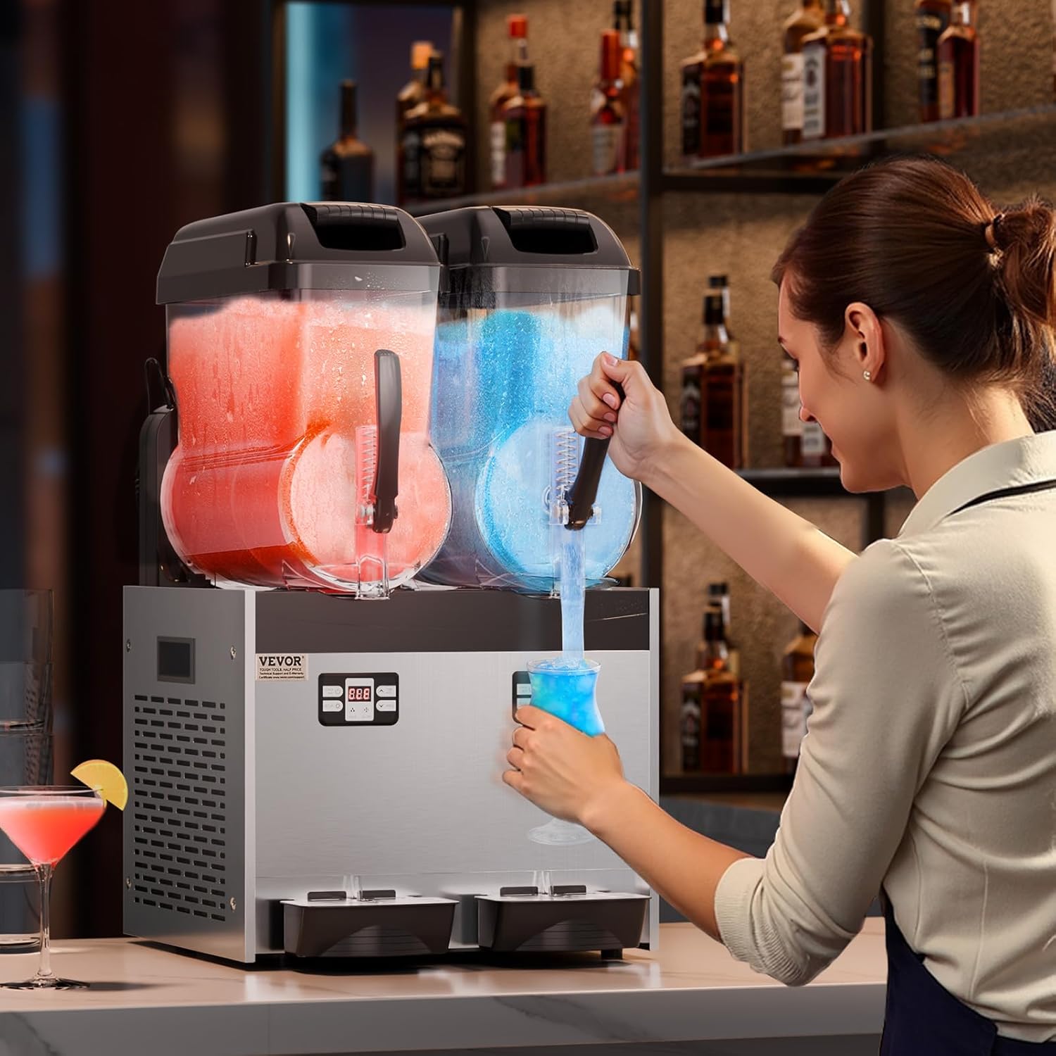 VEVOR Machine à Granité Commerciale 2x12 L Double Réservoir, Machine à Boissons Glacées en Inox de 96 Tasses, Distributeur de Boissons Frappées Granitas Margarita Smoothie, pour Restaurants Cafés Bars