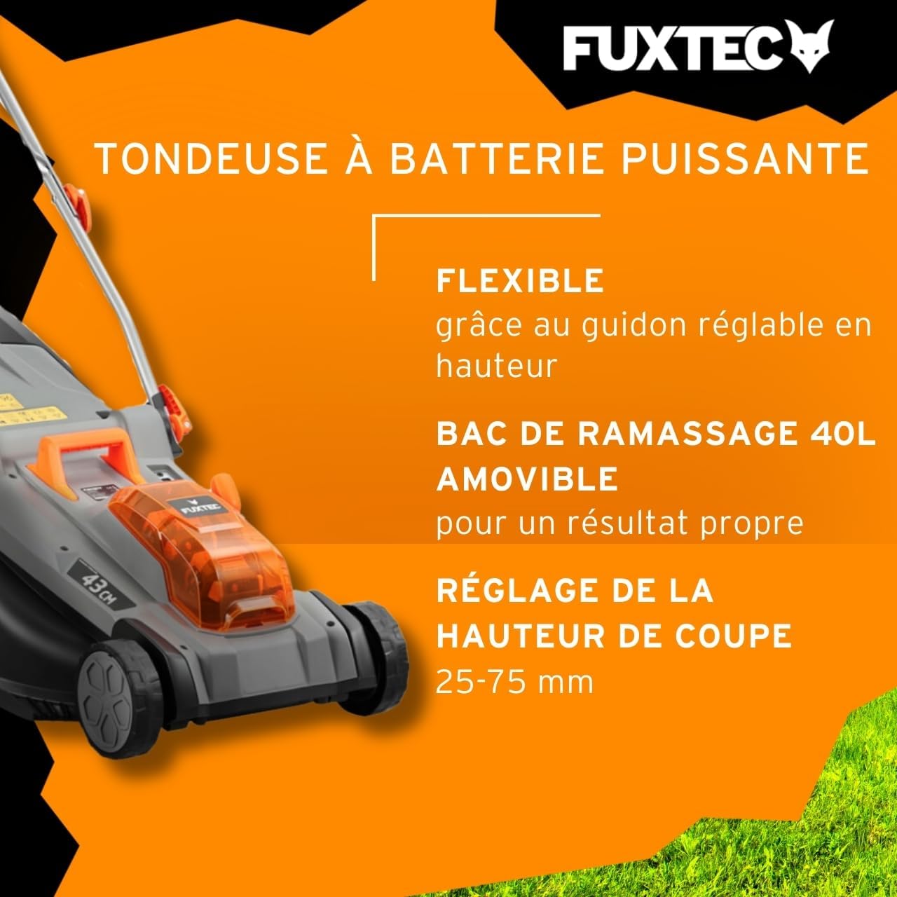 FUXTEC Tondeuse à Gazon sans Fil 40V (2x20V) E2RM43 Set Batteries et Chargeur - Largeur De Coupe 43cm, 40L, Hauteur De Coupe Variable, Tondeuse à Gazon Batterie, sans Fil