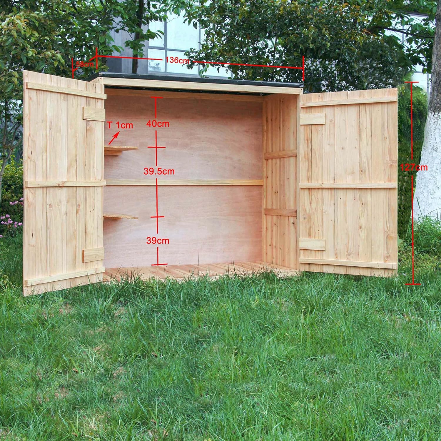 Wiltec Abri de Jardin – 1360 x 580 x 1270 mm – en Bois Verni – avec Toit revêtu par PVC et 2 Portes – Cabane Remise pour Rangement Outils pour Jardin, Terrasse & Balcon