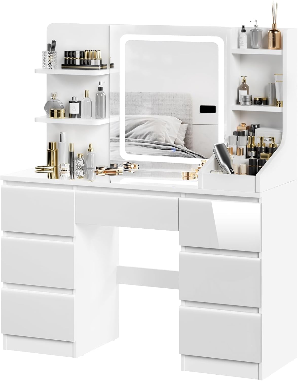 TRIUMPHKEY Coiffeuse Moderne Blanc Haute Brillance, Miroir LED à Lumière Réglable, Grand Espace de Rangement,Table de Maquillage avec 7 Tiroirs, 3 Compartiments, 4 Étagères Ouvertes