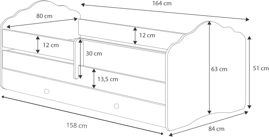KOBI Lit Enfant FALA Blanc | avec Rangement é Tiroir | 160x80 cm | Lit Garcon Petite Fille Lits pour Enfants | avec Un Matelas et Un Cadre | Meuble la Chambre Bebe | Lit Simple avec Barriere