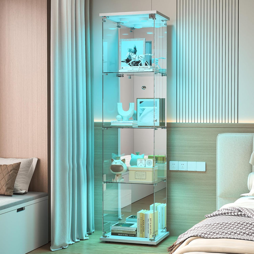 Vitrine sur pied en verre à 4 couches - 1 porte - Lampe LED et serrure avec paroi arrière miroir - Armoire de salon pour objets de collection et livres - Blanc