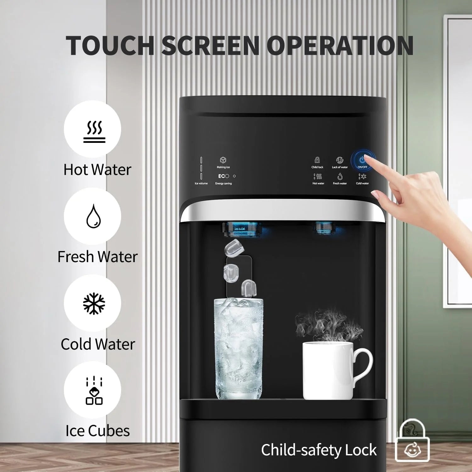 Distributeurs d'eau chaude et froide 3-en-1 noirs avec machine à glaçons