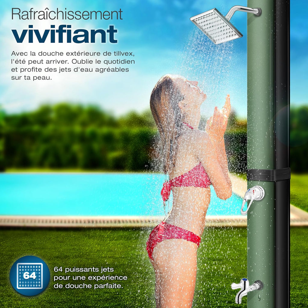 tillvex Douche Solaire avec Capot de Protection | Douche de Jardin Eau Chaude | Douche de Piscine Camping | sans raccordement électrique (Noir/Vert, 40 litres)