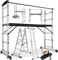 tectake® Échelle Multifonction 3 en 1 Échafaudage Roulant en Acier Plateforme de Travail Antidérapante Échelle Téléscopique Échelle Pliante Escabeau Pliant Bricolage Peinture Toiture