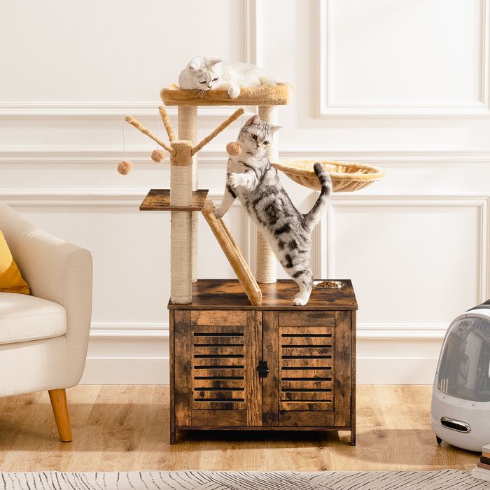 HOOBRO Arbre à Chat avec Maison de Litière pour Chat, Maison pour Chat en Bois avec Tour à Chat, Grège