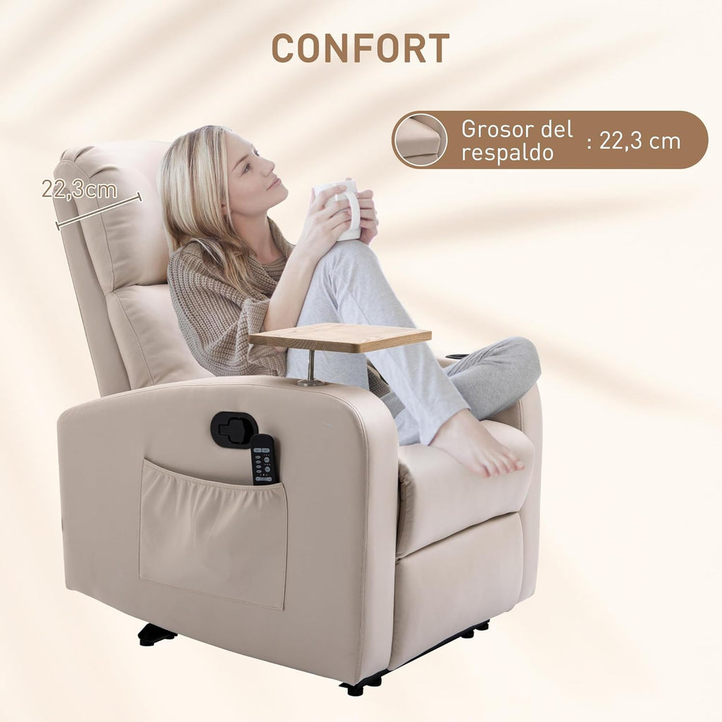 HOMCOM Sillón de Masaje con 8 Puntos de Masaje Sillón Relax Eléctrico Sofá Relax con 4 Modos Reclinación 145° Mando a Distancia Mesita 2 Bolsillos Laterales y Posavasos 77x93x105 cm Beige