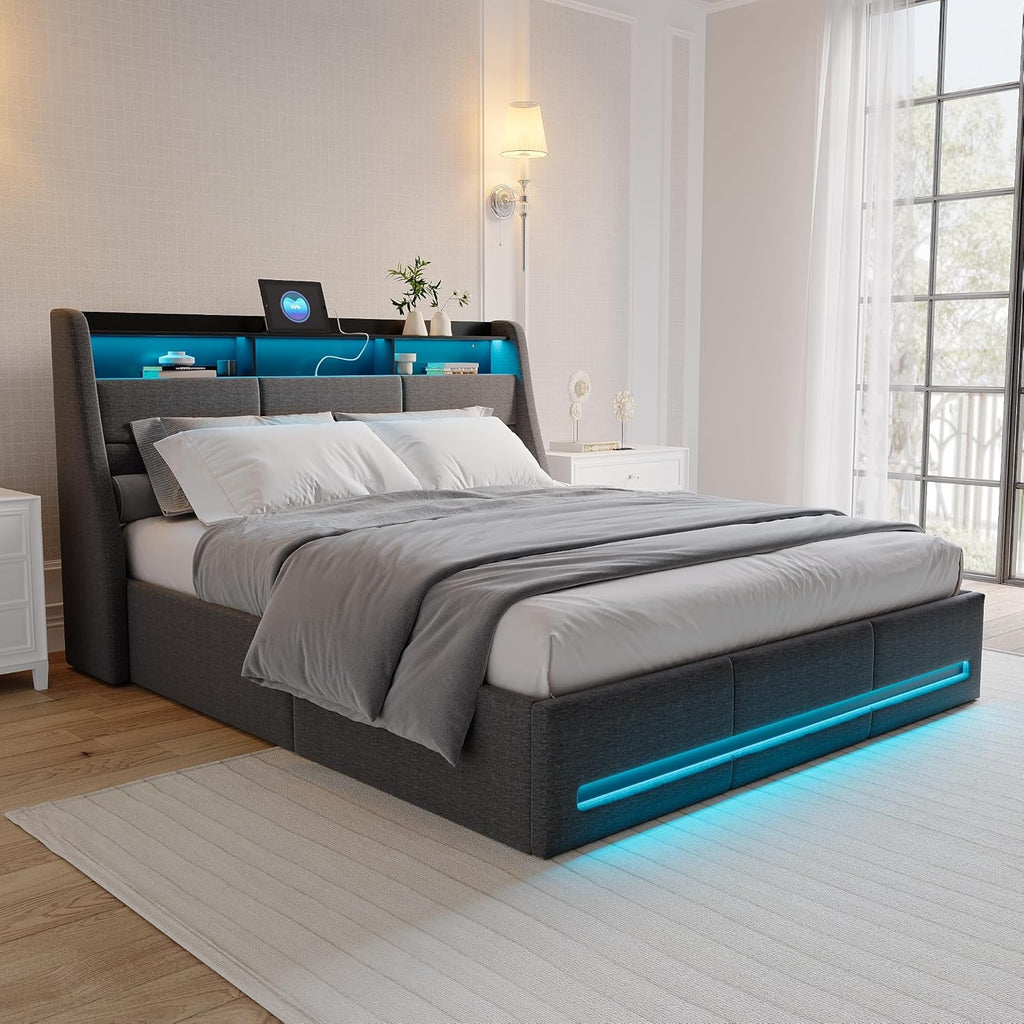 LIVLUX Lit Coffre 140x190 avec sommier LED et USB,Lit Double rembourré avec Rangement hydraulique,lit 2 Personnes pour Adultes et Adolescents,Lin Gris Clair, 140 x 190 cm