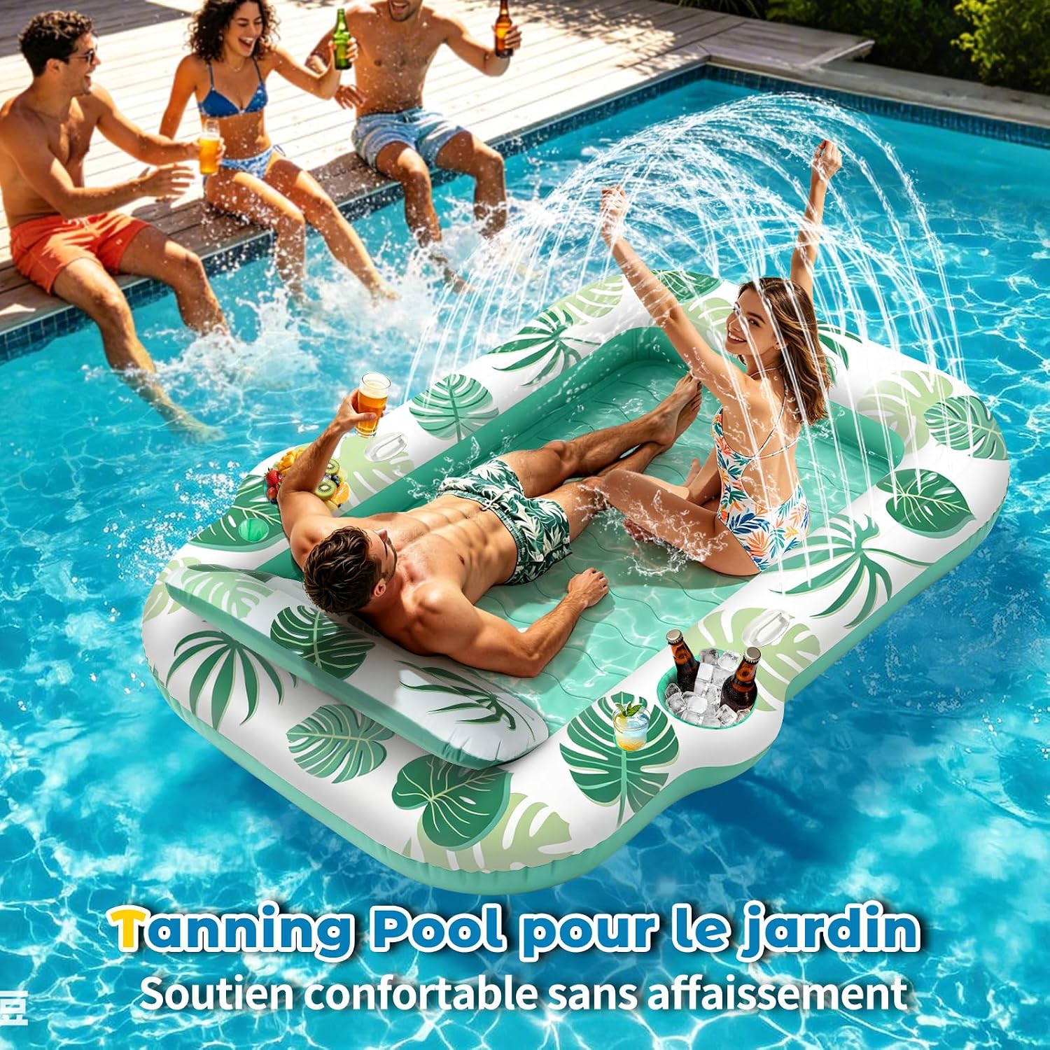 JONRRYIN Matelas Gonflable Piscine 2 Personnes, Tanning Pool avec Fonction Brumisation & Porte-Gobelets, 225×190 cm Grande Île Flottante, Hamac Gonflable pour Piscine et Plage (Vert)