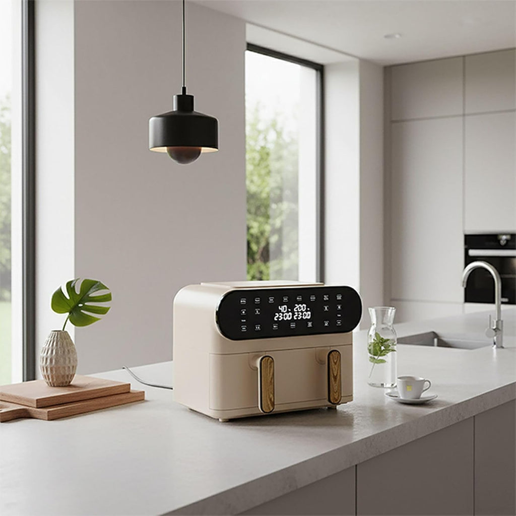 MENASTYL - Friteuse Sans Huile Deux Cuves - Capacité 11L XXL - Air Fryer Double Compartiments - Écran Tactile LED 6 Programmes - Cuisson Saine et Rapide 40-200°C - Grille Antiadhésive - Couleur Crème